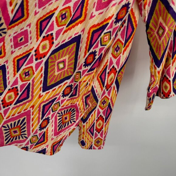 Chicos 3 Womens Ikat Linen Button-Back no iron Shirt blouse 3/4 sleeve Size XL - Picture 11 of 16